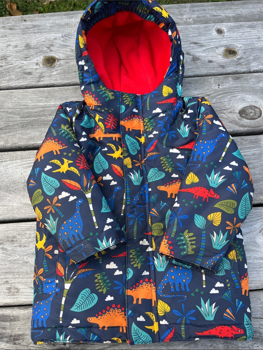 The Children's Place 3 in one Navy Dinosaur Puffer Jacket with Red Lining